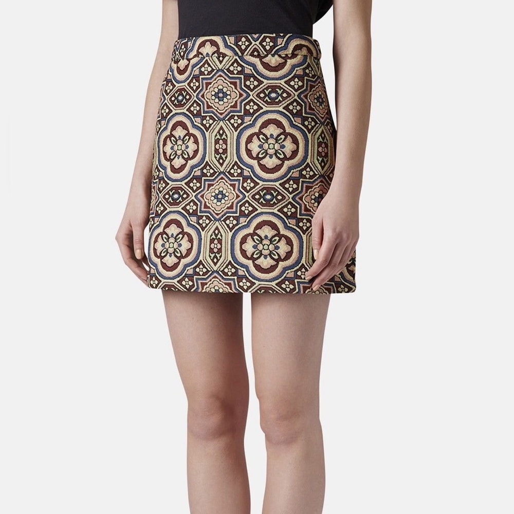 Topshop Jacquard Tile Print A-Line Mini Skirt Size 4 Boho Retro Cotton Blend